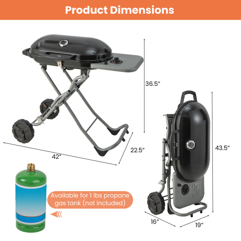 15000 BTU Portable Propane BBQ Grill with Wheels and Side Shelf — product view 5