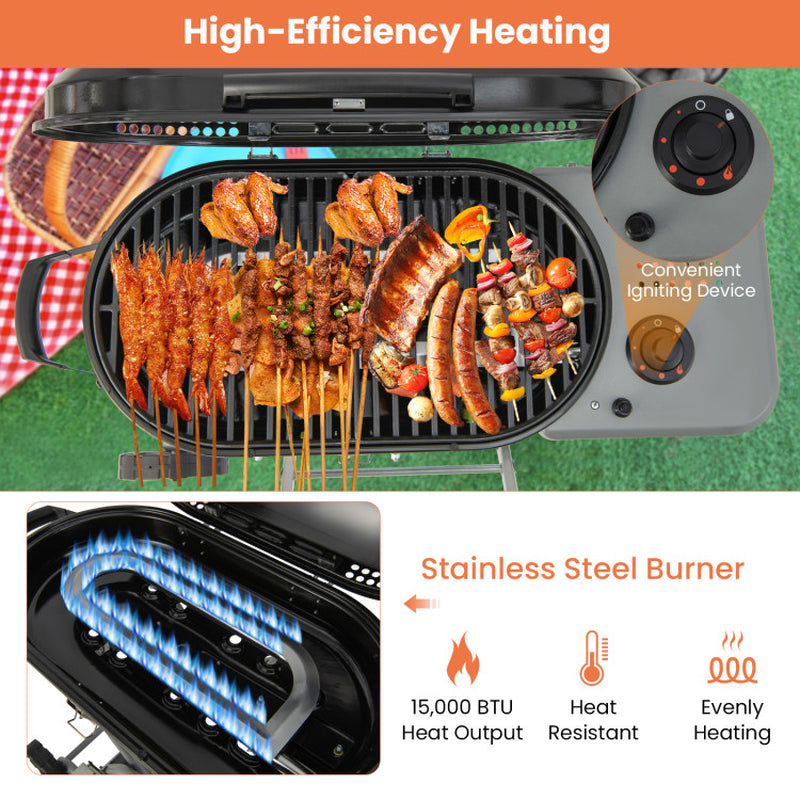15000 BTU Portable Propane BBQ Grill with Wheels and Side Shelf — product view 8