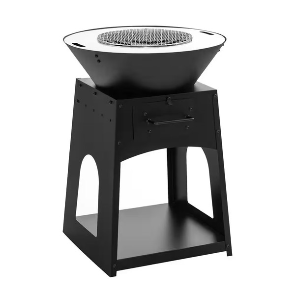 24 In. Black Steel Outdoor Living Fire Pit with Firewood Log Rack, Grill, and Ash Box