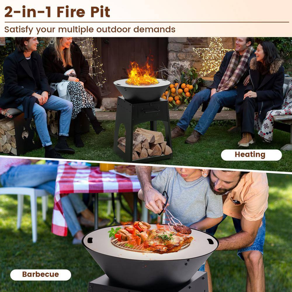 24 In. Black Steel Outdoor Living Fire Pit with Firewood Log Rack, Grill, and Ash Box