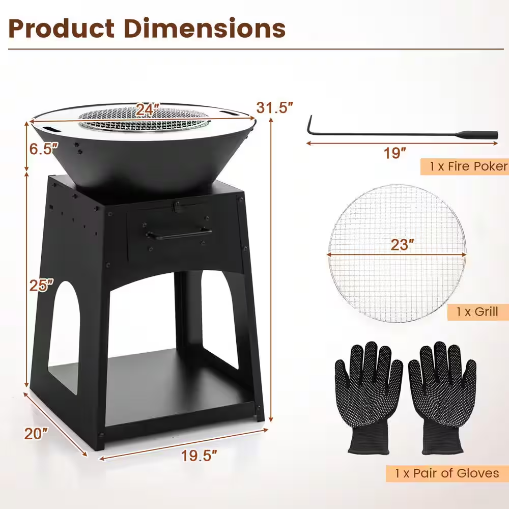 24 In. Black Steel Outdoor Living Fire Pit with Firewood Log Rack, Grill, and Ash Box — product view 3