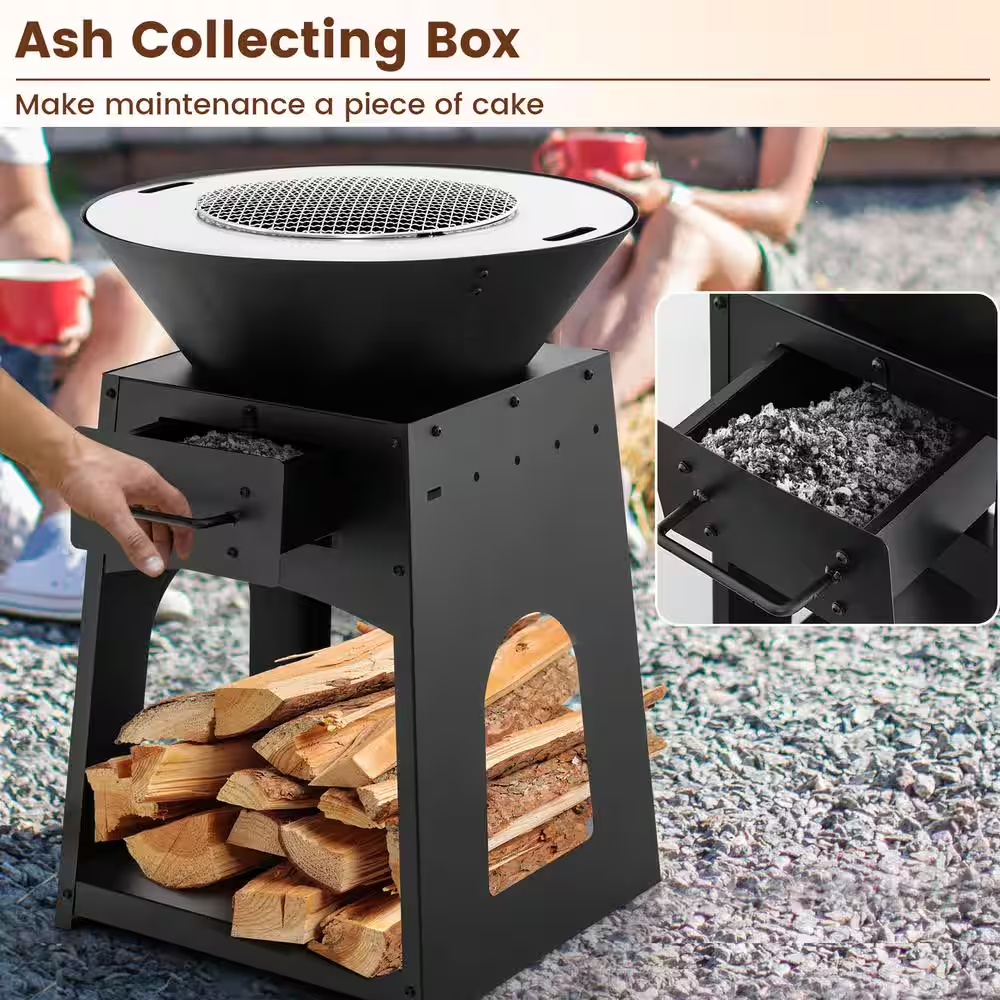 24 In. Black Steel Outdoor Living Fire Pit with Firewood Log Rack, Grill, and Ash Box — product view 4