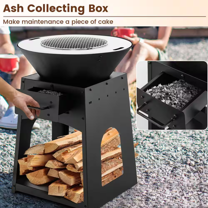 24 In. Black Steel Outdoor Living Fire Pit with Firewood Log Rack, Grill, and Ash Box — product view 4