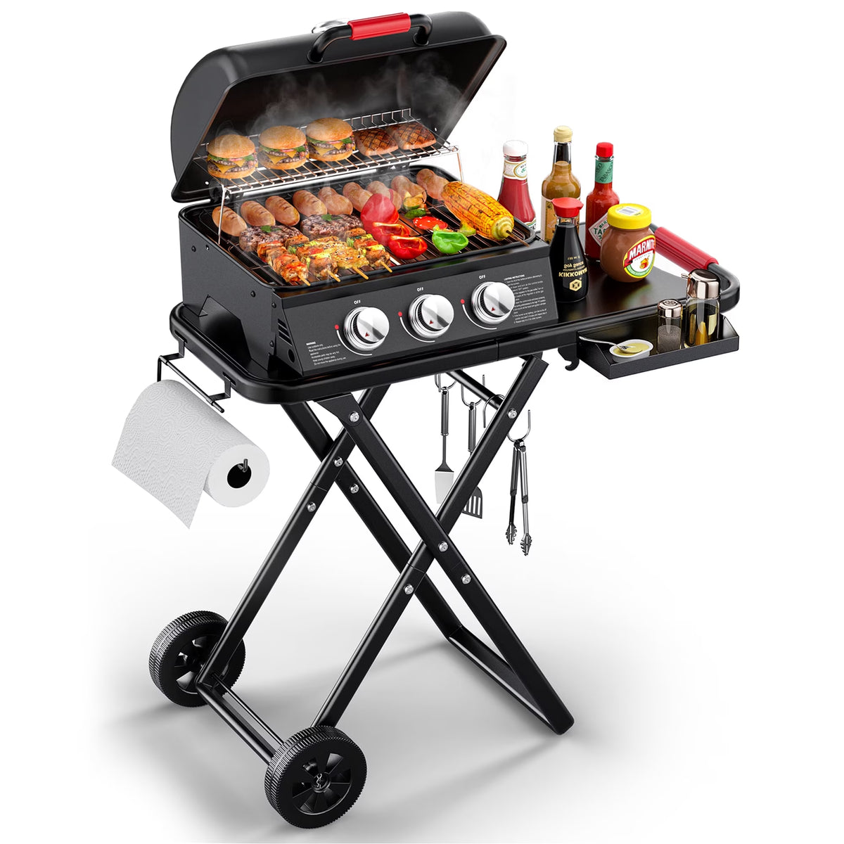 3-Burner Portable Grill with Foldable Legs, 30,000BTU Gas Grill , 415 SQ.IN Detachable Propane Grills, Non-Stick Porcelain Grate, Outdoor Bbq Grill for Camping, Tailgating, Backyard Cooking