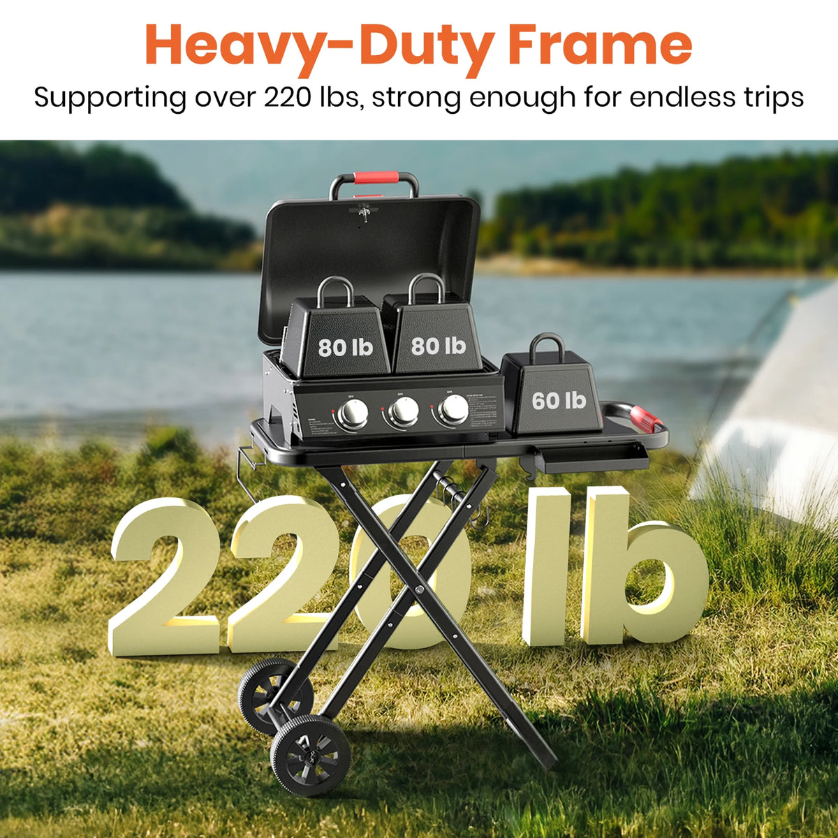 3-Burner Portable Grill with Foldable Legs, 30,000BTU Gas Grill , 415 SQ.IN Detachable Propane Grills, Non-Stick Porcelain Grate, Outdoor Bbq Grill for Camping, Tailgating, Backyard Cooking — product view 3