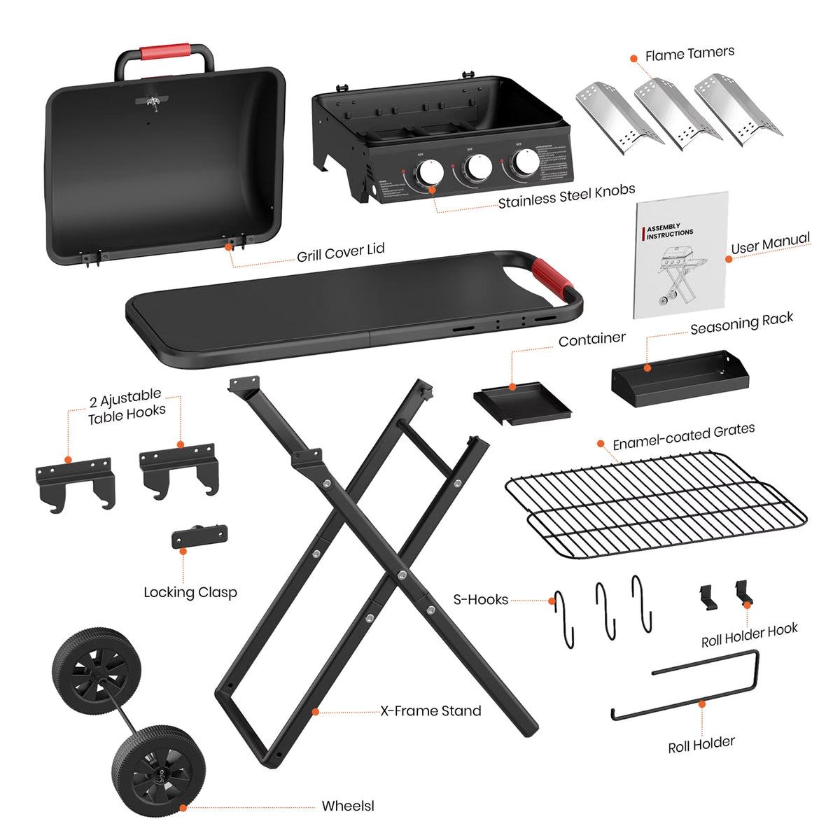 3-Burner Portable Grill with Foldable Legs, 30,000BTU Gas Grill , 415 SQ.IN Detachable Propane Grills, Non-Stick Porcelain Grate, Outdoor Bbq Grill for Camping, Tailgating, Backyard Cooking — product view 5