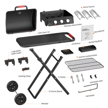3-Burner Portable Grill with Foldable Legs, 30,000BTU Gas Grill , 415 SQ.IN Detachable Propane Grills, Non-Stick Porcelain Grate, Outdoor Bbq Grill for Camping, Tailgating, Backyard Cooking — product view 5