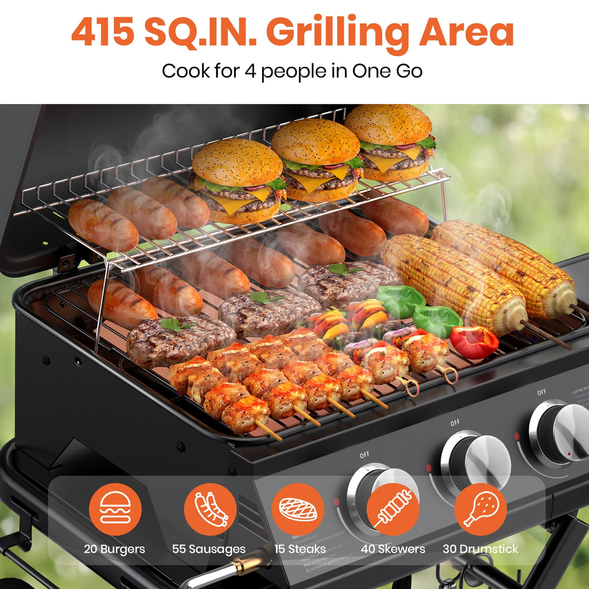 3-Burner Portable Grill with Foldable Legs, 30,000BTU Gas Grill , 415 SQ.IN Detachable Propane Grills, Non-Stick Porcelain Grate, Outdoor Bbq Grill for Camping, Tailgating, Backyard Cooking — product view 6