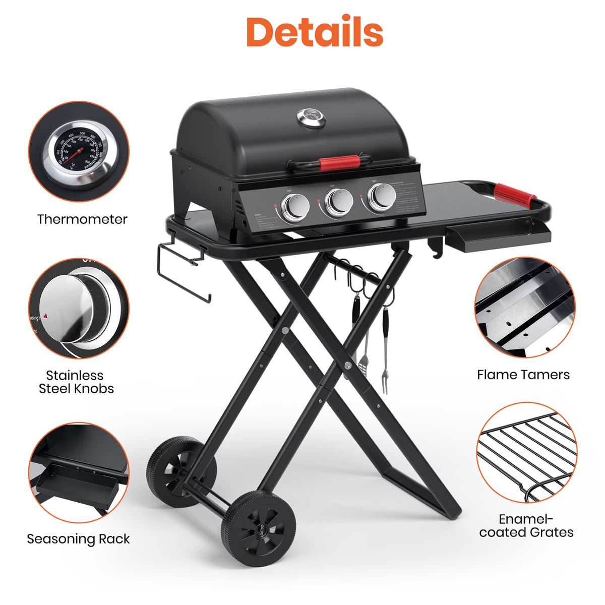 3-Burner Portable Grill with Foldable Legs, 30,000BTU Gas Grill , 415 SQ.IN Detachable Propane Grills, Non-Stick Porcelain Grate, Outdoor Bbq Grill for Camping, Tailgating, Backyard Cooking — product view 7