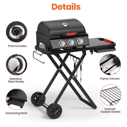 3-Burner Portable Grill with Foldable Legs, 30,000BTU Gas Grill , 415 SQ.IN Detachable Propane Grills, Non-Stick Porcelain Grate, Outdoor Bbq Grill for Camping, Tailgating, Backyard Cooking — product view 7