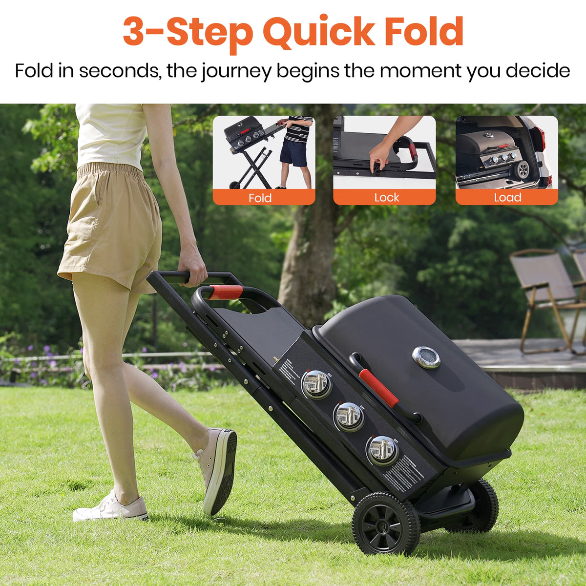 3-Burner Portable Grill with Foldable Legs, 30,000BTU Gas Grill , 415 SQ.IN Detachable Propane Grills, Non-Stick Porcelain Grate, Outdoor Bbq Grill for Camping, Tailgating, Backyard Cooking — product view 8
