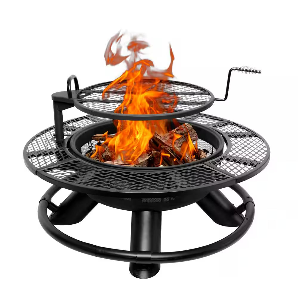 47 In. W Wood Burning Fire Pit Outdoor Backyard Patio Fire Pit with Cooking Grill Grate, Wilderness Style