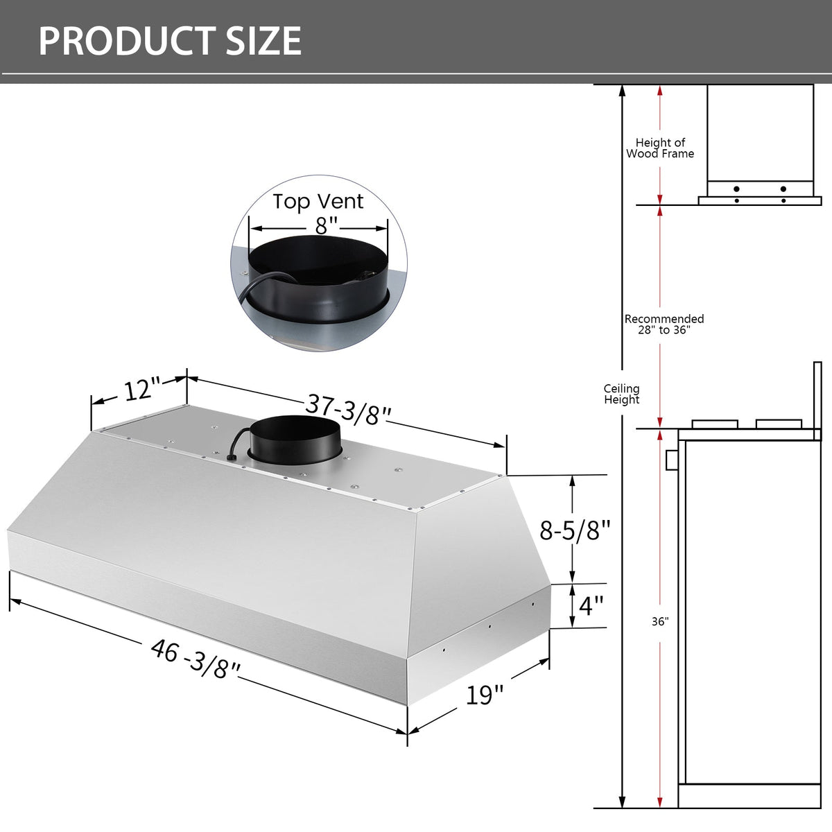 Nauxus 48 Inch Range Hood Insert, 1200 CFM High Power Kitchen Vent with 4 Speeds Ultra-Quiet Operation, Dimmable LED Lighting Dishwasher Safe Filtration System , NX-19IS-48