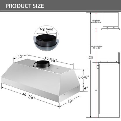 Nauxus 48 Inch Range Hood Insert, 1200 CFM High Power Kitchen Vent with 4 Speeds Ultra-Quiet Operation, Dimmable LED Lighting Dishwasher Safe Filtration System , NX-19IS-48