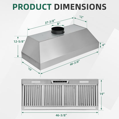 Nauxus 48" Built-In Range Hood Insert – 1200 CFM Stainless Steel Hood with Touch & Gesture Control, 3CCT LED & LED Night Lights