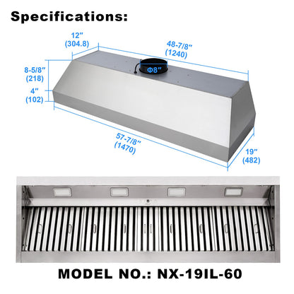 Nauxus 60 Inch Range Hood Insert with 1200 CFM Powerful Suction, Ultra Quiet Ducted Stainless Steel Kitchen Stove Vent Hood with Dimmable LED Lights, Timer, 4-Speed Touch Control , NX-19IL-60