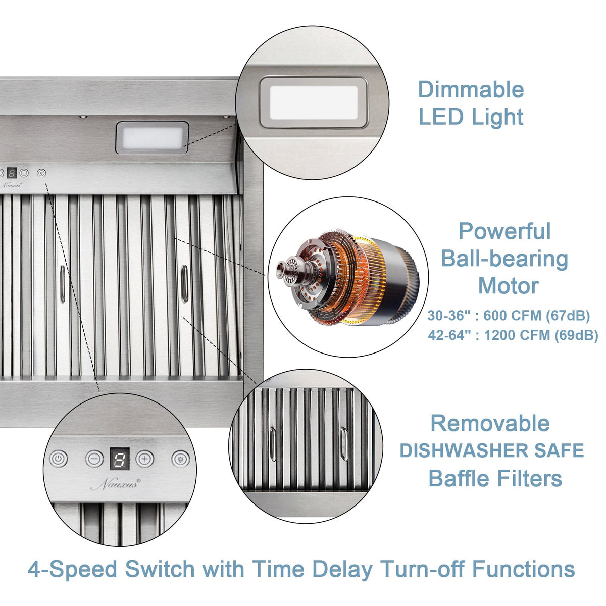 Nauxus 60 Inch Range Hood Insert with 1200 CFM Powerful Suction, Ultra Quiet Ducted Stainless Steel Kitchen Stove Vent Hood with Dimmable LED Lights, Timer, 4-Speed Touch Control , NX-19IL-60